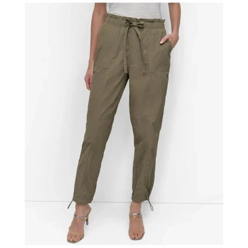 DKNY Women's Tie Front Straight Leg Cargo Pants Bungee Utility Green M - Picture 1 of 10